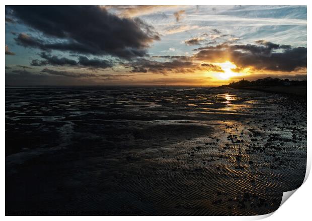 Sunset at low tide, East Beach, Shoeburyness, Essex. Print by Peter Bolton