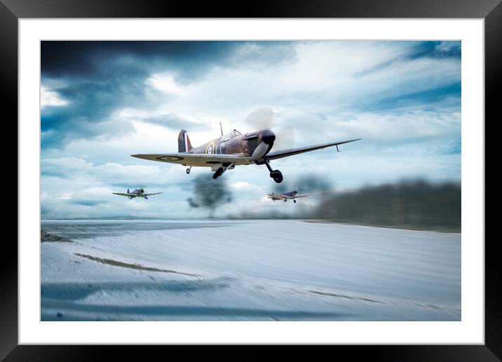 Spitfires Scramble In The Snow Framed Mounted Print by J Biggadike