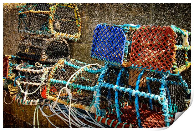 Lobster pots on a jetty at St. Ives, Cornwall, UK. Print by Peter Bolton
