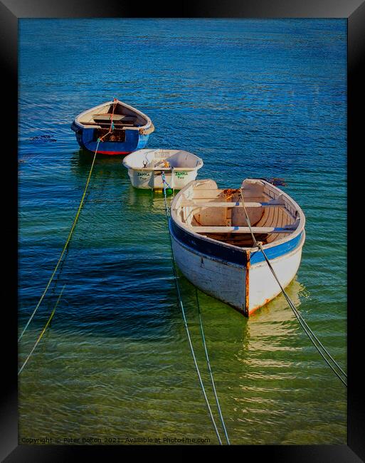 Small dinghies at moorings in St. Ives harbour, Co Framed Print by Peter Bolton