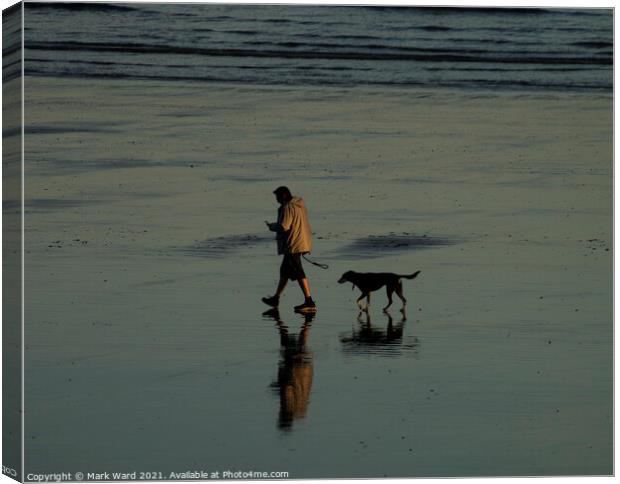A Man with a Phone, and a Dog. Canvas Print by Mark Ward