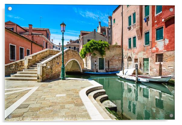 Venice cityscape, canal, bridge and traditional buildings. Acrylic by Stefano Orazzini