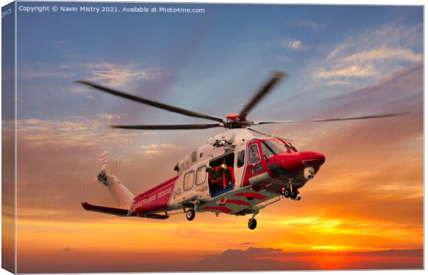 AgustaWestland Coastguard Helicopter at Sunset Canvas Print by Navin Mistry