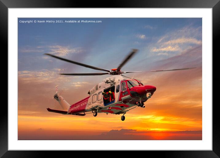 AgustaWestland Coastguard Helicopter at Sunset Framed Mounted Print by Navin Mistry