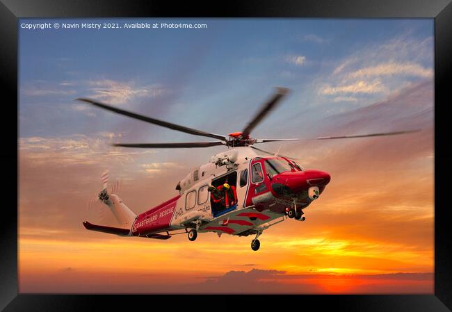 AgustaWestland Coastguard Helicopter at Sunset Framed Print by Navin Mistry