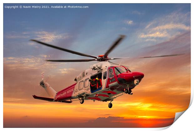 AgustaWestland Coastguard Helicopter at Sunset Print by Navin Mistry
