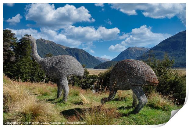 South Island New Zealand.  Willow sculptures of Moa. Print by Ann Mechan