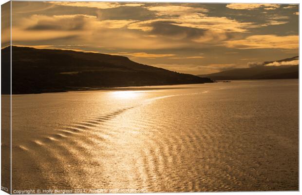 Sunsetting over the mountions, Sailing through the loch of Mull Scotland  Canvas Print by Holly Burgess