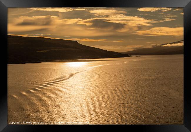 Sunsetting over the mountions, Sailing through the loch of Mull Scotland  Framed Print by Holly Burgess