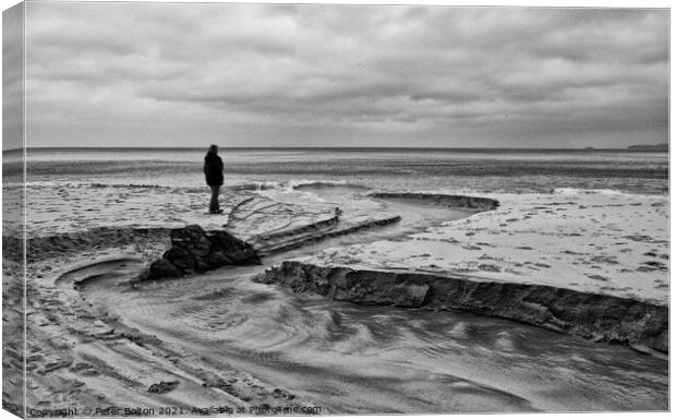 Outgoing tide at St.Ives, Cornwall. Monochrome view. Canvas Print by Peter Bolton