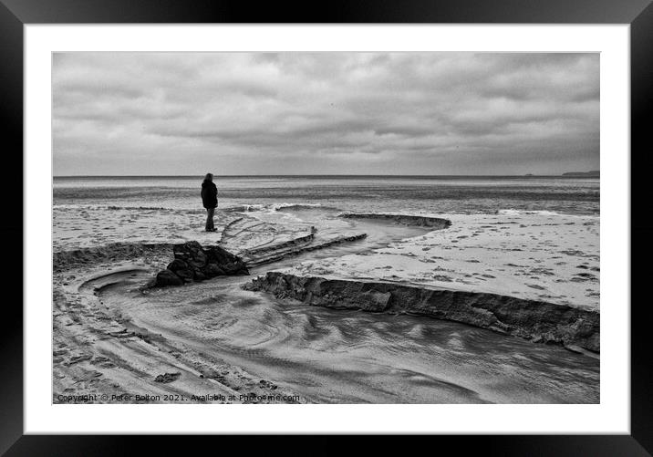 Outgoing tide at St.Ives, Cornwall. Monochrome view. Framed Mounted Print by Peter Bolton