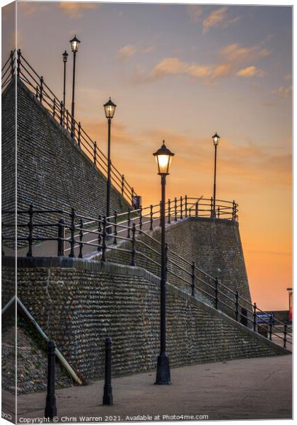 Promenade to the beach at Cromer Norfolk at sunset Canvas Print by Chris Warren