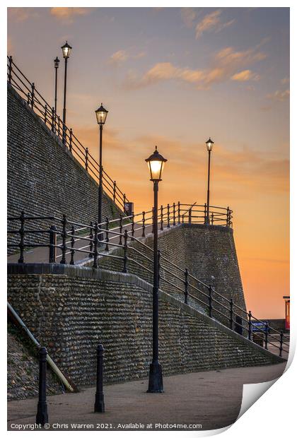 Promenade to the beach at Cromer Norfolk at sunset Print by Chris Warren