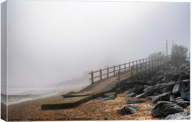 Beach ramp on a misty morning at East Beach, Shoeb Canvas Print by Peter Bolton