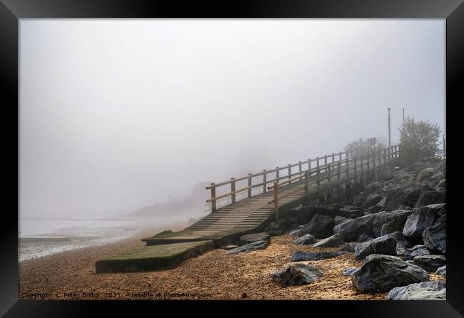 Beach ramp on a misty morning at East Beach, Shoeb Framed Print by Peter Bolton