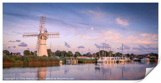 Boats moored at Thurne Windmill Norfolk Print by Chris Warren
