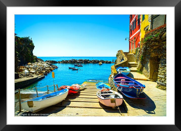 Riomaggiore village, boats and sea. Cinque Terre, Italy, Framed Mounted Print by Stefano Orazzini