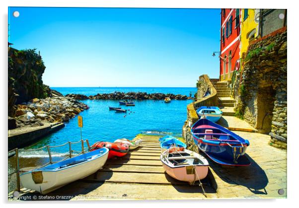 Riomaggiore village, boats and sea. Cinque Terre, Italy, Acrylic by Stefano Orazzini
