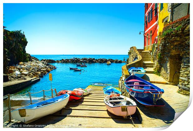 Riomaggiore village, boats and sea. Cinque Terre, Italy, Print by Stefano Orazzini