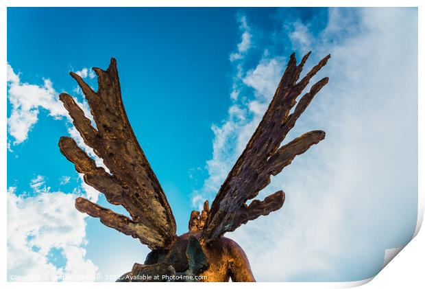 A sculpture of an angel, rear view of its wings against the sky. Print by Joaquin Corbalan