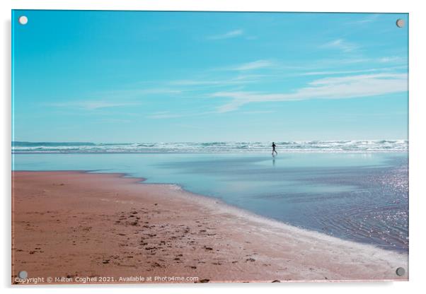 Silhouette of lone jogger on Mawgan Porth beach Acrylic by Milton Cogheil