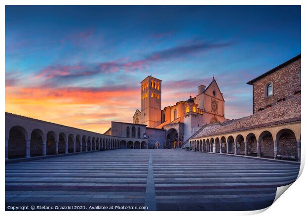 Assisi, San Francesco Basilica at sunset. Umbria, Italy. Print by Stefano Orazzini