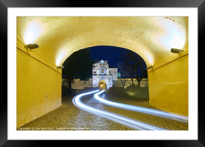 Elvas gate city entrance at night with car light trail in Alentejo, Portugal Framed Mounted Print by Luis Pina