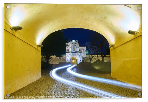 Elvas gate city entrance at night with car light trail in Alentejo, Portugal Acrylic by Luis Pina