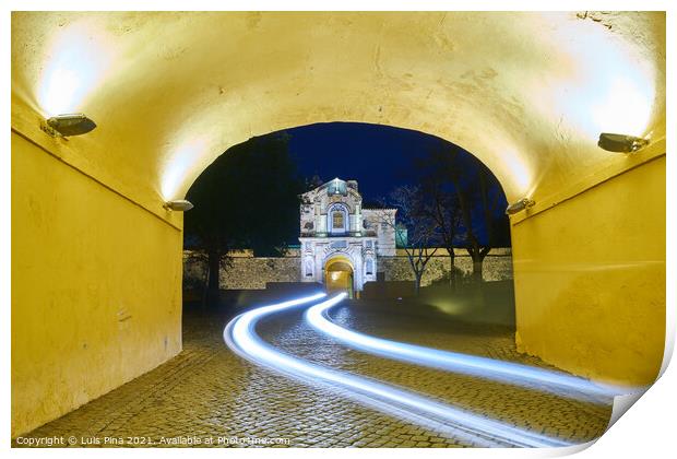 Elvas gate city entrance at night with car light trail in Alentejo, Portugal Print by Luis Pina