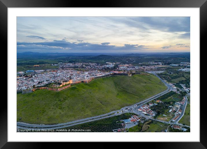 Elvas cityscape drone aerial panoramic view with beautiful green landscape of Alentejo, in Portugal Framed Mounted Print by Luis Pina