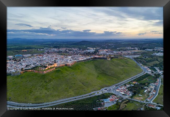 Elvas cityscape drone aerial panoramic view with beautiful green landscape of Alentejo, in Portugal Framed Print by Luis Pina