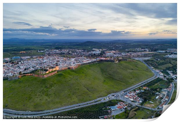 Elvas cityscape drone aerial panoramic view with beautiful green landscape of Alentejo, in Portugal Print by Luis Pina