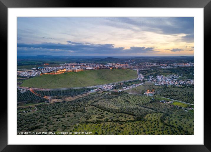 Elvas cityscape drone aerial panoramic view with beautiful green landscape of Alentejo, in Portugal Framed Mounted Print by Luis Pina