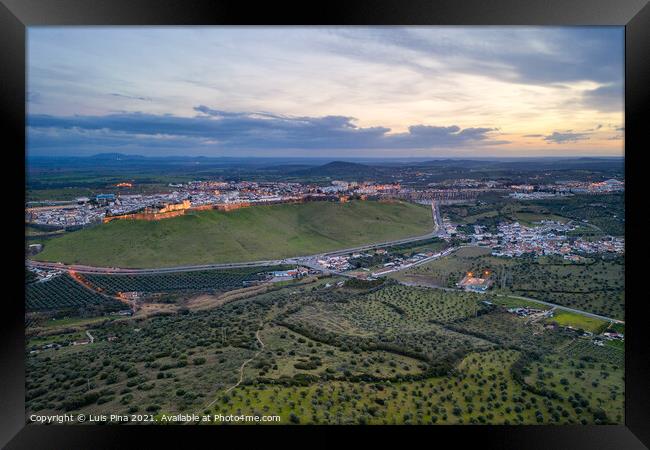 Elvas cityscape drone aerial panoramic view with beautiful green landscape of Alentejo, in Portugal Framed Print by Luis Pina