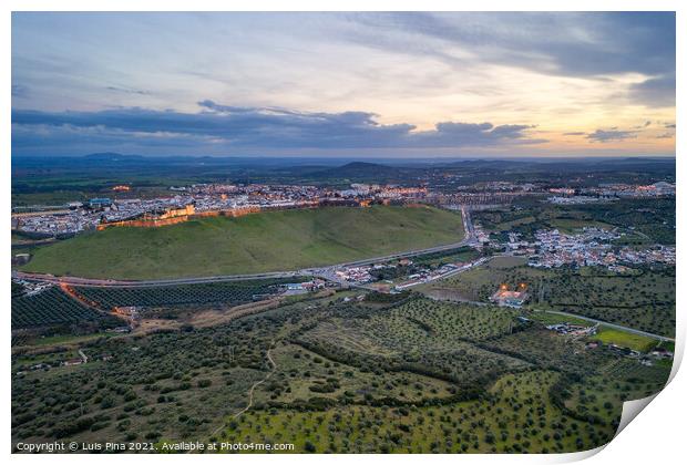 Elvas cityscape drone aerial panoramic view with beautiful green landscape of Alentejo, in Portugal Print by Luis Pina
