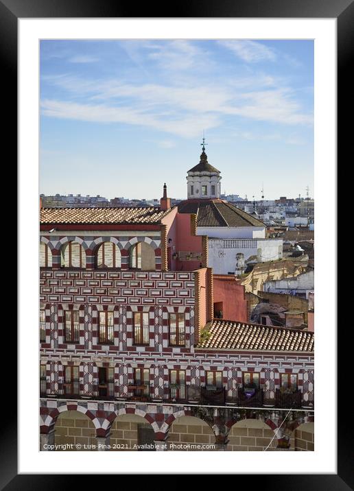 Plaza Alta red and white buildings in Badajoz, Spain Framed Mounted Print by Luis Pina