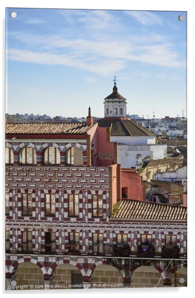 Plaza Alta red and white buildings in Badajoz, Spain Acrylic by Luis Pina