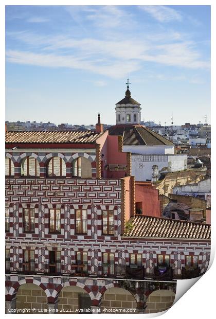 Plaza Alta red and white buildings in Badajoz, Spain Print by Luis Pina