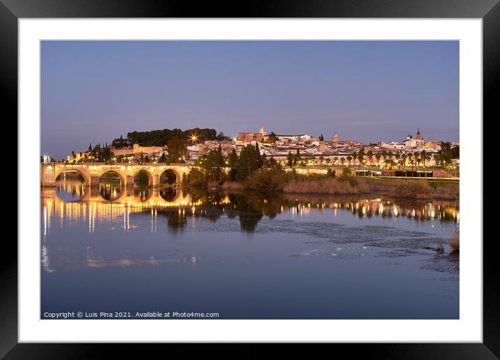 Badajoz city at night with river Guadiana in Spain Framed Mounted Print by Luis Pina