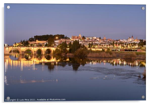 Badajoz city at night with river Guadiana in Spain Acrylic by Luis Pina