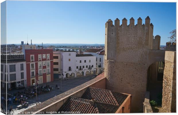 Plaza Alta red and white buildings view from city castle in Badajoz, Spain Canvas Print by Luis Pina