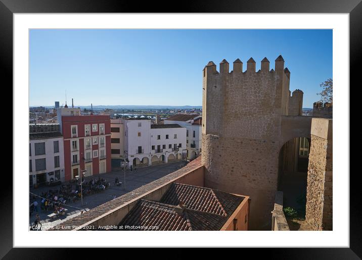 Plaza Alta red and white buildings view from city castle in Badajoz, Spain Framed Mounted Print by Luis Pina