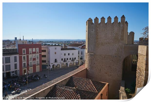Plaza Alta red and white buildings view from city castle in Badajoz, Spain Print by Luis Pina