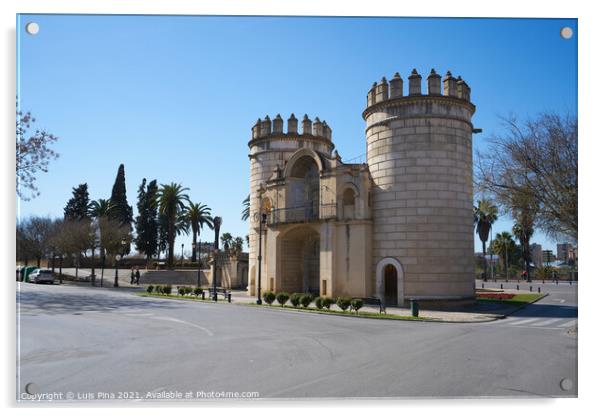 Puerta de Palmas entrance towers on a middle of a road in Badajoz, Spain Acrylic by Luis Pina