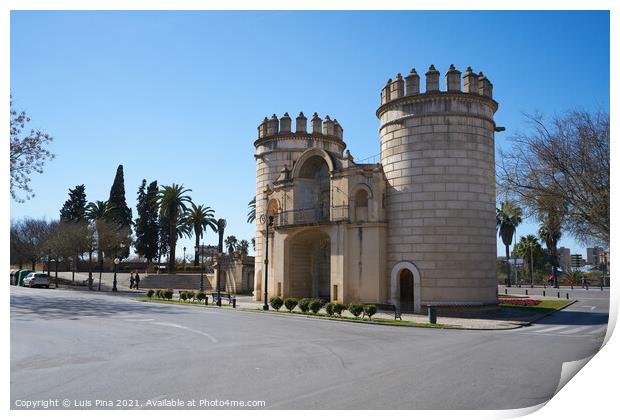 Puerta de Palmas entrance towers on a middle of a road in Badajoz, Spain Print by Luis Pina