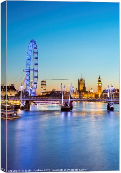 The London Eye and Parliament from the Thames Canvas Print by Justin Foulkes