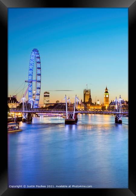 The London Eye and Parliament from the Thames Framed Print by Justin Foulkes