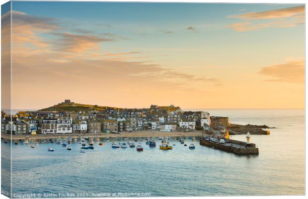 St. Ives harbour at dawn, Cornwall, England Canvas Print by Justin Foulkes