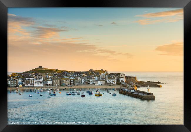 St. Ives harbour at dawn, Cornwall, England Framed Print by Justin Foulkes