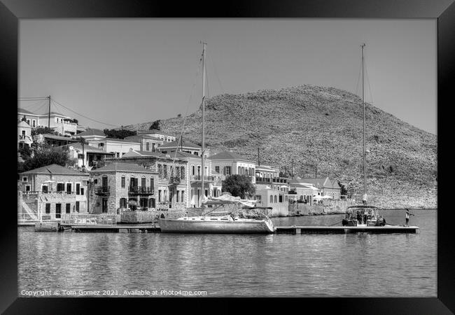 Yachts at the end of the town - B&W Framed Print by Tom Gomez